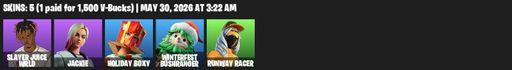 [PC/PSN/XBOX] | 5 skins | 700 V-bucks | Slayer Juice WRLD | Jackie | Holiday Boxy | Winterfest Bushranger | Runway Racer | Ember Pick | Shatter Sonic | Full Access