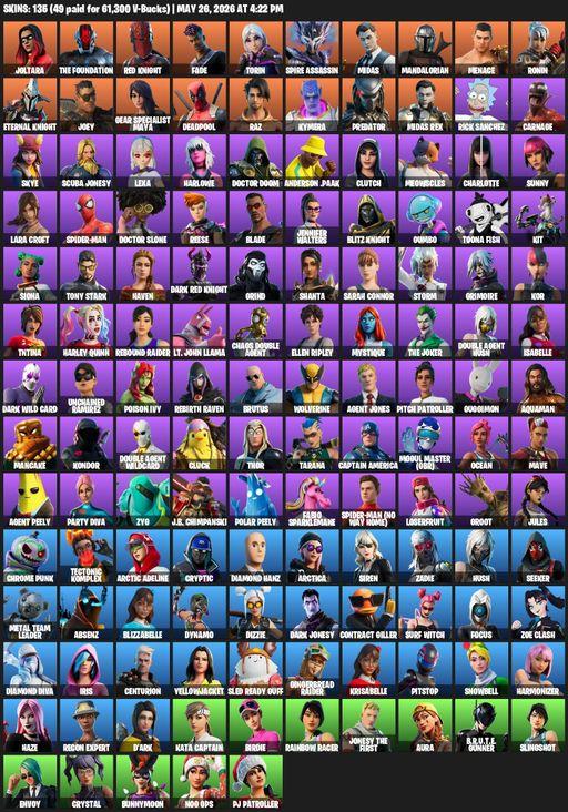 [PC/XBOX] | 135 skins | 700 V-bucks | Leviathan Axe | Lara Croft | Joltara | The Foundation | Red Knight | Fade | Torin | Spire Assassin | Midas | Full Access