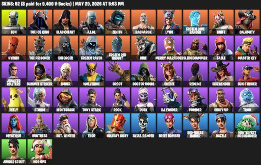 [PC/PSN/XBOX] | 52 skins | Eon | The Ice King | Blackheart | A.I.M. | Zenith | Ragnarok | Lynx | Frozen Love Ranger | Drift | Calamity | Hybrid | Full Access