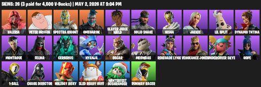 [PC/PSN] | 26 skins | Valeria | Peter Griffin | Spectra Knight | Omegarok | Slayer Juice WRLD | Solid Snake | Nisha | Jackie | Lil Split | Full Access