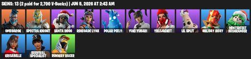 [PC/PSN/XBOX] | 13 skins | 1450 V-bucks | Omegarok | Spectra Knight | Santa Dogg | Renegade Lynx | Polar Peely | Yuki Yubari | Yulejacket | Lil Split | Full Access