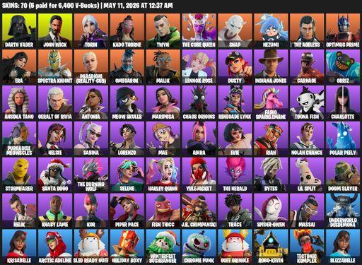 [PC/PSN/XBOX] | 70 skins | Darth Vader | John Wick | Torin | Kado Thorne | Twyn | The Cube Queen | Snap | Nezumi | The Ageless | Optimus Prime | Era | Full Access