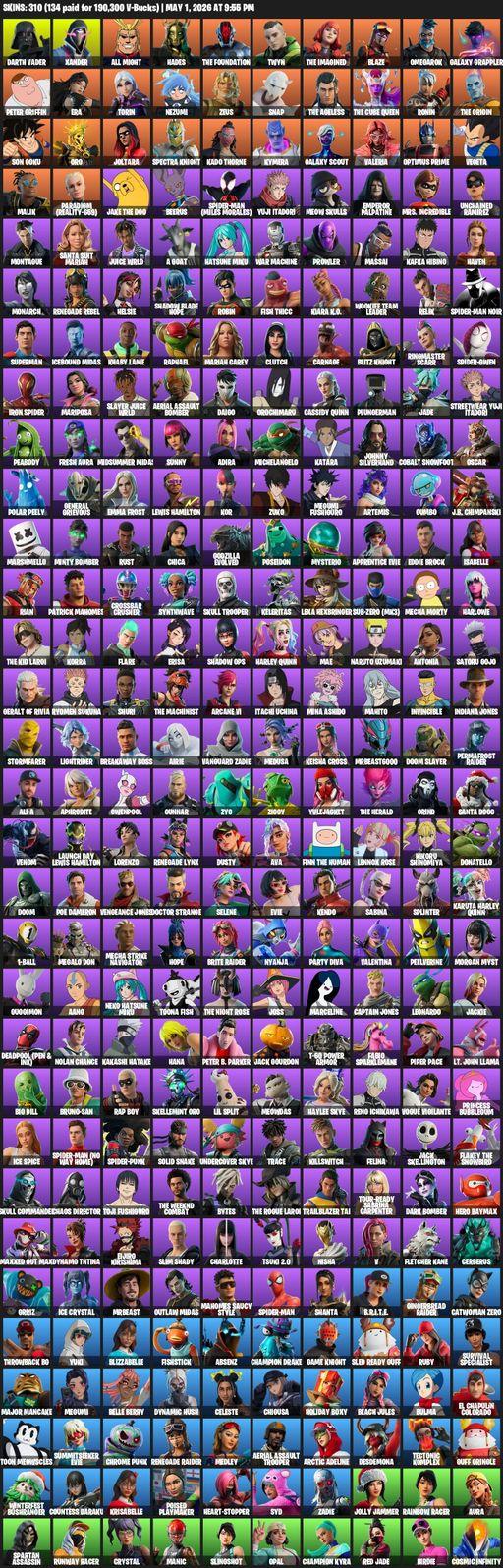 [PC/PSN/XBOX] | 310 skins | Raider's Revenge | Renegade Raider | Aerial Assault Trooper | Darth Vader | Xander | All Might | Hades | The Foundation | Full Access