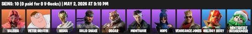 [PC/PSN/XBOX] | 10 skins | Valeria | Peter Griffin | Nisha | Solid Snake | Oscar | Montague | Hope | Vengeance Jones | Holiday Boxy | Full Access