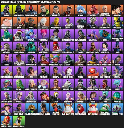 [PC/PSN/XBOX] | 92 skins | 1150 V-bucks | Renegade Raider | Xander | Darth Vader | The Foundation | Twyn | The Ageless | Blaze | Nezumi | Valeria | Full Access