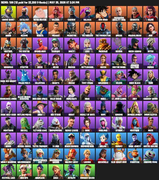 [PC/PSN/XBOX] | 106 skins | Leviathan Axe | Omega | Rogue Agent | Catalyst | Peter Griffin | Valeria | Carbide | Galaxia | Son Goku | Full Access