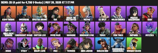 [PC/PSN/XBOX] | 29 skins | Kado Thorne | Omegarok | Spectra Knight | Era | Renzo the Destroyer | Mizuki | Lil Split | Nolan Chance | Mikasa Ackermann | Full Access