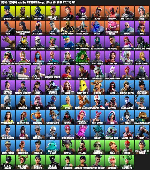 [PC/XBOX] | 109 skins | OG STW | Reaper Axe | Warpaint | Scout | Trilogy | Rose Team Leader | Polarity | Tempest | Blaze | Deadpool | The Scientist | Full Access