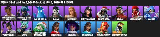 [PC/PSN] | 18 skins | Slayer Juice WRLD | Shadow Blade Hope | Polar Peely | Daigo | Ice Spice | Ruby Shadows | Santa Dogg | Kendo | Yulejacket | Full Access