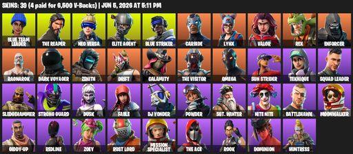 [PC/XBOX] | 39 skins | Take The L | The Reaper | Elite Agent | Omega | Mako | Blue Team Leader | Neo Versa | Blue Striker | Carbide | Lynx | Valor | Full Access