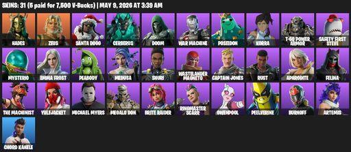 [PC/PSN/XBOX] | 31 skins | 700 V-bucks | Hades | Zeus | Santa Dogg | Cerberus | Doom | War Machine | Poseidon | Korra | T-60 Power Armor | Full Access