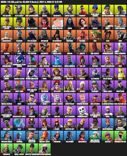 [PC] | 114 skins | Take The L | OG STW | The Reaper | Elite Agent | Omega | Sub Commander | Havoc | Warpaint | Rogue Agent | Prodigy | Full Access