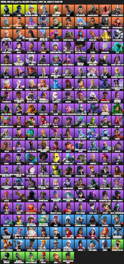 [PC] | 206 skins | Leviathan Axe | Renegade Raider | Lara Croft | Sultura | Fixer | Blizzard Bomber | Mizuki | Backlash | Fade | The Ageless | Full Access