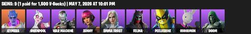 [PC/PSN/XBOX] | 9 skins | 800 V-bucks | Kymera | Gwenpool | War Machine | Sunny | Emma Frost | Felina | Peelverine | Guggimon | Doom | The Fret Basher | Full Access
