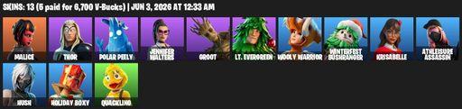 [PC/PSN/XBOX] | 13 skins | Malice | Thor | Polar Peely | Jennifer Walters | Groot | Lt. Evergreen | Wooly Warrior | Winterfest Bushranger | Krisabelle | Full Access