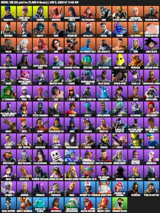 [PC/PSN/XBOX] | 128 skins | OG STW | Warpaint | Rose Team Leader | Xander | Deadpool | Gear Specialist Maya | The Imagined | Dire | Ultima Knight | Full Access