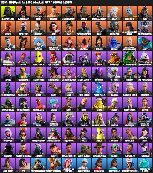 [PC/PSN/XBOX] | 110 skins | 950 V-bucks | Lara Croft | Darth Vader | Blackheart | Ronin | Menace | Mandalorian | Malik | Eternal Knight | Snap | Full Access