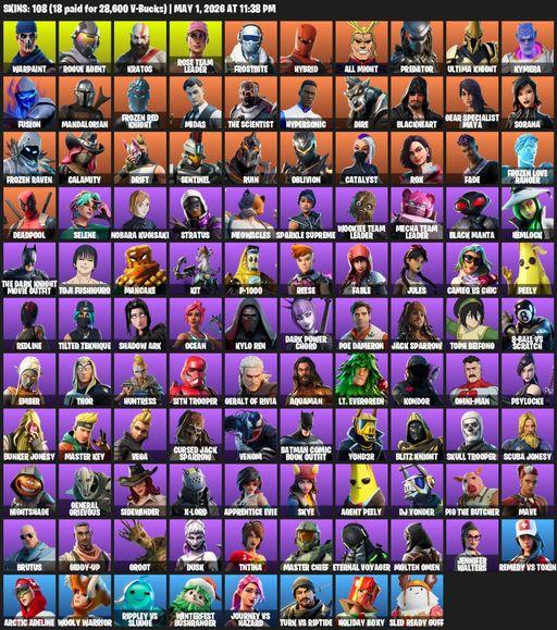 [PC/PSN/XBOX] | 108 skins | Leviathan Axe | OG STW | Warpaint | Rogue Agent | Kratos | Rose Team Leader | Frostbite | Hybrid | All Might | Predator | Full Access
