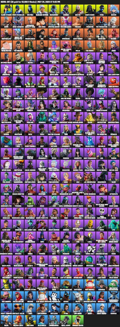 [PC/PSN/XBOX] | 267 skins | 2800 V-bucks | Leviathan Axe | Lara Croft | Cloud Striker | Point Patroller | Sultura | Blizzard Bomber | Breakpoint | Full Access