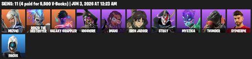 [PC/XBOX] | 11 skins | Mizuki | Renzo the Destroyer | Galaxy Grappler | Highwire | Imani | Eren Jaeger | Stray | Mystica | Thunder | SypherPK | Focus | Full Access