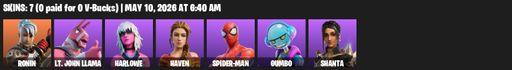 [PC/PSN/XBOX] | 7 skins | Ronin | Lt. John Llama | Harlowe | Haven | Spider-Man | Gumbo | Shanta | Blade of the Waning Moon | Bronzed Scimitars | Full Access