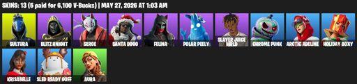 [PC/XBOX] | 13 skins | Sultura | Blitz Knight | Serge | Santa Dogg | Felina | Polar Peely | Slayer Juice WRLD | Chrome Punk | Arctic Adeline | Full Access