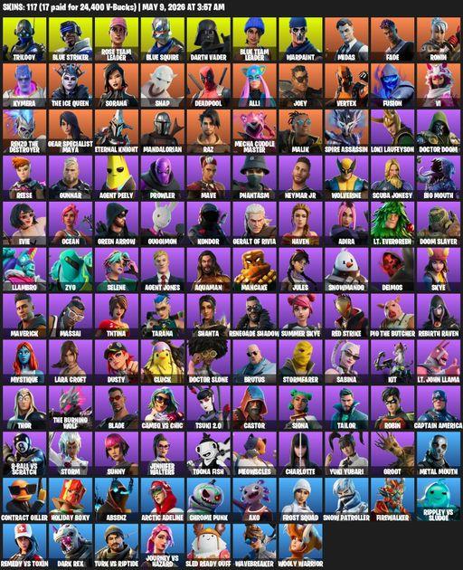 [PC] | 117 skins | OG STW | Blue Squire | Lara Croft | Trilogy | Blue Striker | Rose Team Leader | Darth Vader | Blue Team Leader | Warpaint | Midas | Full Access