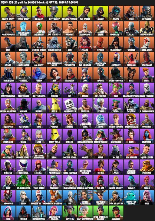 [PC/PSN/XBOX] | 138 skins | 1000 V-bucks | Merry Mint Axe | Leviathan Axe | Take The L | IKONIK | Travis Scott | The Reaper | Elite Agent | Omega | Full Access