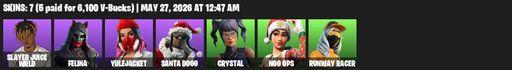 [PC/PSN] | 7 skins | Slayer Juice WRLD | Felina | Yulejacket | Santa Dogg | Crystal | Nog Ops | Runway Racer | Ember Pick | Blade of the Waning Moon | Full Access