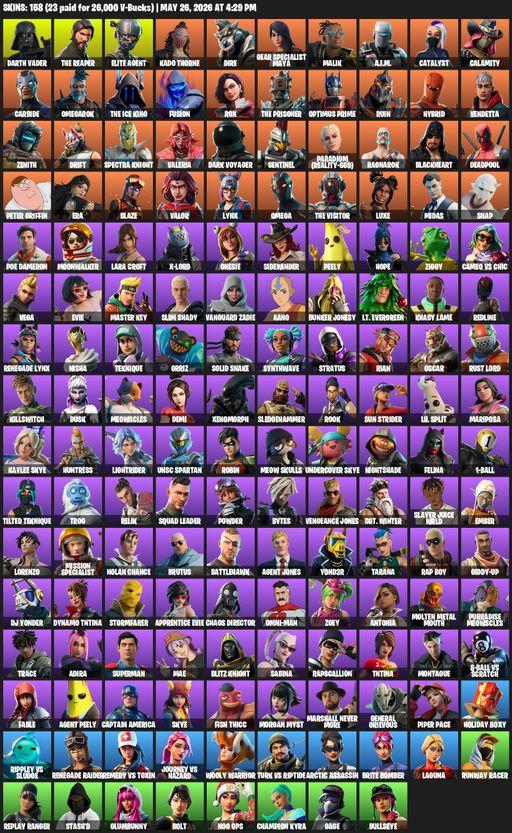 [PC] | 158 skins | Take The L | Renegade Raider | The Reaper | Elite Agent | Omega | Lara Croft | Darth Vader | Kado Thorne | Dire | Full Access