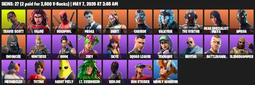 [PC/PSN/XBOX] | 27 skins | 650 V-bucks | Travis Scott | Omega | Valor | Deadpool | Midas | Drift | Carbide | Valkyrie | The Visitor | Full Access