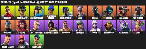 [PC/PSN/XBOX] | 23 skins | 900 V-bucks | Omega | Prodigy | Trailblazer | Cloud Striker | Blue Team Leader | Blue Striker | Lynx | Zenith | Calamity | Full Access