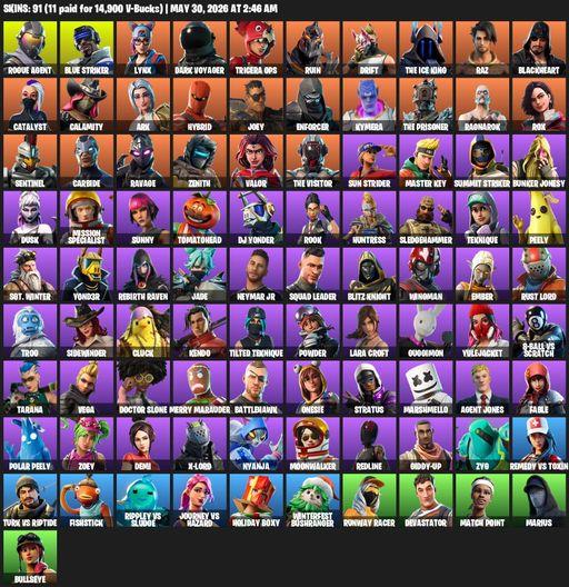 [PC/XBOX] | 91 skins | Take The L | Lara Croft | Reaper Axe | Rogue Agent | Blue Striker | Lynx | Dark Voyager | Tricera Ops | Ruin | Drift | Full Access