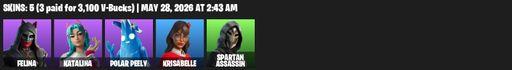[PC/PSN/XBOX] | 5 skins | 600 V-bucks | Felina | Katalina | Polar Peely | Krisabelle | Spartan Assassin | Solar Slicer | Blade of the Waning Moon | Full Access