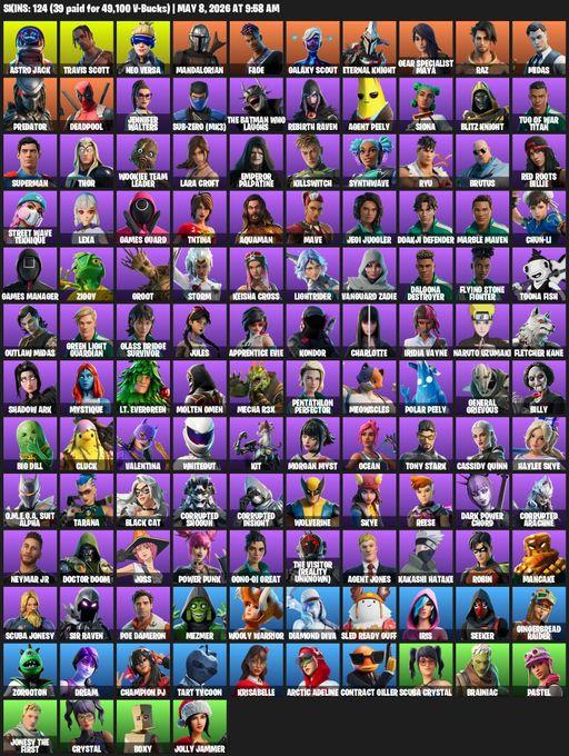 [PC/XBOX] | 124 skins | Leviathan Axe | Travis Scott | Lara Croft | Astro Jack | Neo Versa | Mandalorian | Fade | Galaxy Scout | Eternal Knight | Full Access