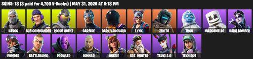 [PC/XBOX] | 18 skins | Havoc | Sub Commander | Rogue Agent | Carbide | Dark Vanguard | Lynx | Zenith | Trog | Marshmello | Dark Bomber | Powder | Full Access