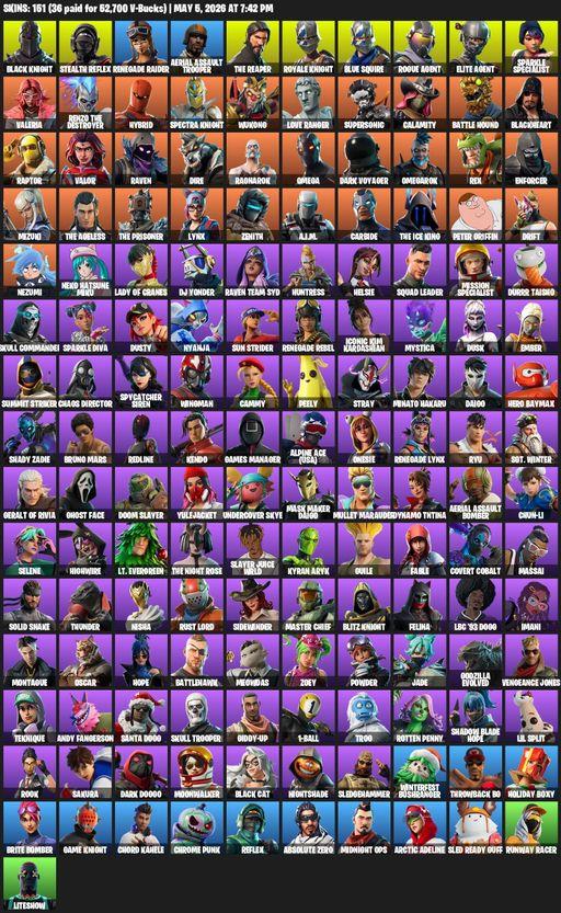 [PC/PSN/XBOX] | 151 skins | 850 V-bucks | Raider's Revenge | Floss | Take The L | Renegade Raider | Aerial Assault Trooper | Black Knight | Full Access