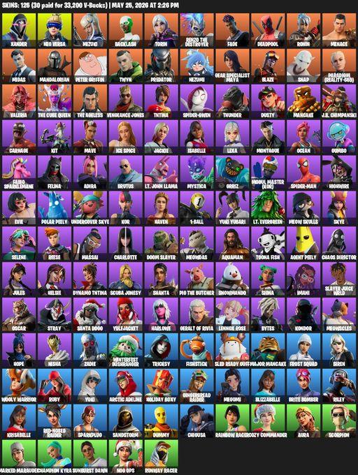 [PC/XBOX] | 125 skins | 850 V-bucks | Xander | Neo Versa | Mizuki | Backlash | Torin | Renzo the Destroyer | Fade | Deadpool | Ronin | Menace | Midas | Full Access