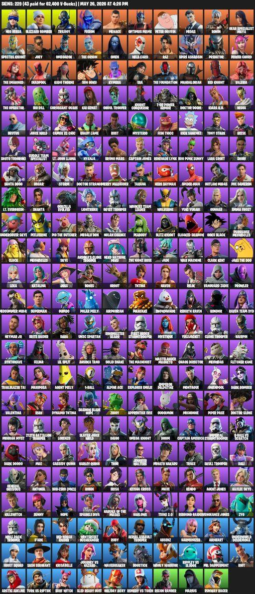 [PC] | 229 skins | Aerial Assault Trooper | Lara Croft | Reaper Axe | Neo Versa | Blizzard Bomber | Trilogy | Fusion | Menace | Optimus Prime | Full Access