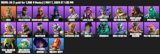[PC/PSN/XBOX] | 24 skins | Zeus | Solid Snake | Vengeance Jones | Hope | Nisha | Lana Llane | Medusa | The Goldfish | Gunslinger Calamity | Poseidon | Full Access