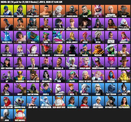 [PC/PSN/XBOX] | 82 skins | 950 V-bucks | Lara Croft | Point Patroller | Xander | Eternal Knight | Menace | Snap | Mandalorian | Twyn | Vi | Full Access