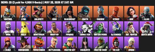 [PC] | 29 skins | 1300 V-bucks | Sentinel | Lynx | Calamity | Ruin | Blackheart | Zenith | Carbide | Hybrid | Rox | A.I.M. | Dusk | Peely | Nightshade | Full Access