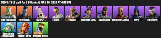 [PC/PSN/XBOX] | 13 skins | 900 V-bucks | Spectra Knight | Omegarok | Lil Split | Nisha | Oscar | Renegade Lynx | Solid Snake | Vengeance Jones | Hope | Full Access