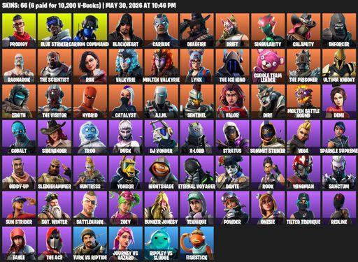 [PC/XBOX] | 66 skins | 750 V-bucks | Prodigy | Blue Striker | Carbon Commando | Blackheart | Carbide | Deadfire | Drift | Singularity | Calamity | Full Access