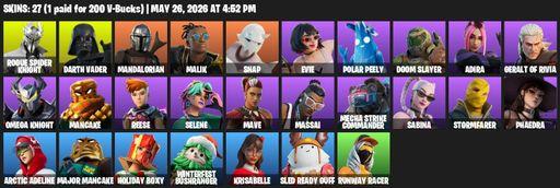 [PC/PSN] | 27 skins | 650 V-bucks | Rogue Spider Knight | Darth Vader | Mandalorian | Malik | Snap | Evie | Polar Peely | Doom Slayer | Adira | Full Access