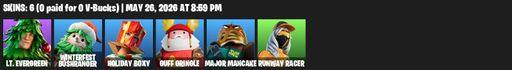 [PC/PSN/XBOX] | 6 skins | 500 V-bucks | Lt. Evergreen | Winterfest Bushranger | Holiday Boxy | Guff Gringle | Major Mancake | Runway Racer | Full Access