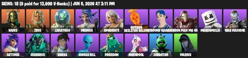 [PC/PSN/XBOX] | 18 skins | Hades | Zeus | Leviathan | Medusa | Aphrodite | Inferno Skeleton Balvin | Rebound Warrior | Iron Man Mk 45 | Marshmello | Full Access