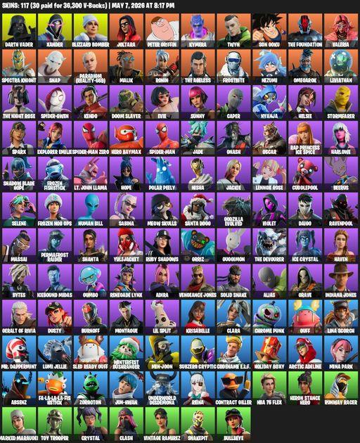[PC] | 117 skins | Darth Vader | Xander | Blizzard Bomber | Joltara | Peter Griffin | Kymera | Twyn | Son Goku | The Foundation | Valeria | Full Access