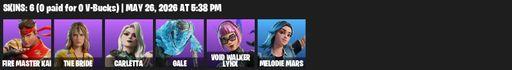 [PC] | 6 skins | 700 V-bucks | FIRE Master Kai | The Bride | Carletta | Gale | Void Walker Lynx | Melodie Mars | Hanzō Katana | Poison's Kiss | Full Access