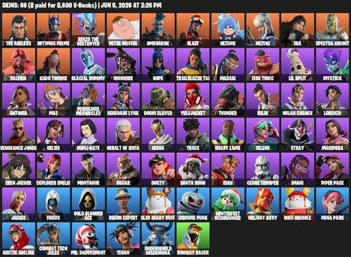 [PC/PSN/XBOX] | 66 skins | 1200 V-bucks | The Ageless | Optimus Prime | Renzo the Destroyer | Peter Griffin | Omegarok | Blaze | Nezumi | Mizuki | Era | Full Access